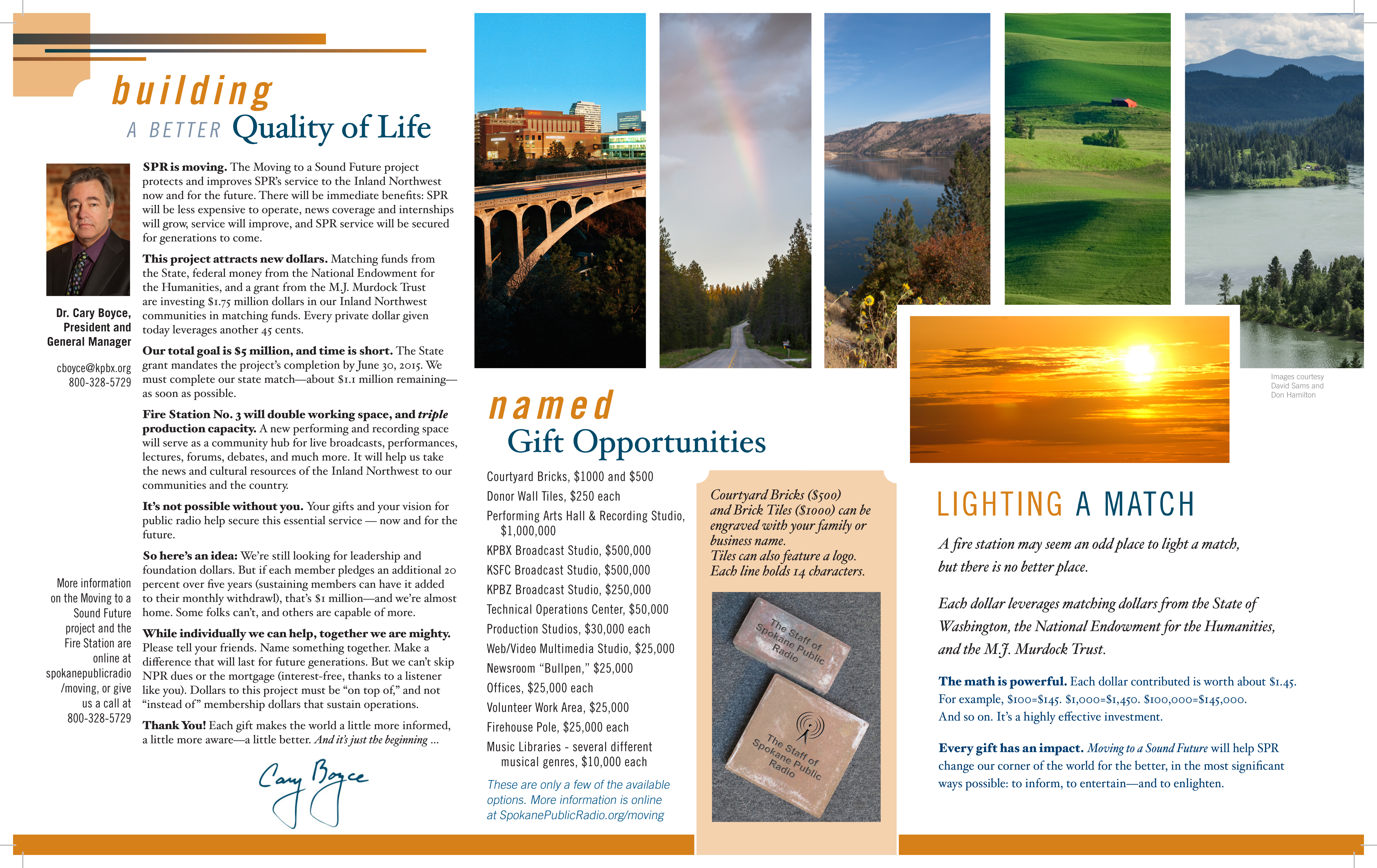The inside three panels of a brochure, the left side with text and a small portrait of a leader, and the middle and left panels featuring inspiring views of the region.