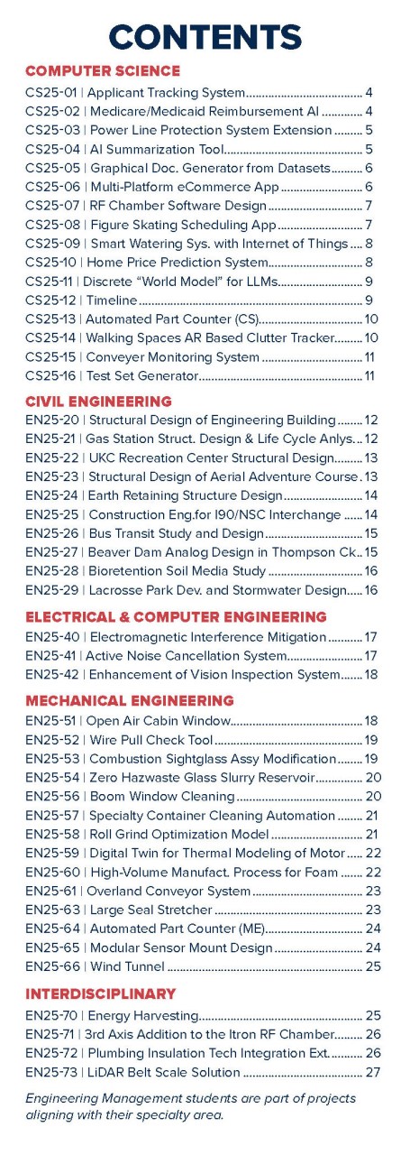 Table of contents listing project titles and pages separated by red academic names such as Civil Engineering and Mechanical Engineering