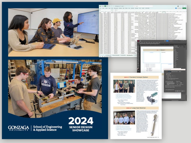 Photos of students working, along with images from the production of a yearbook.