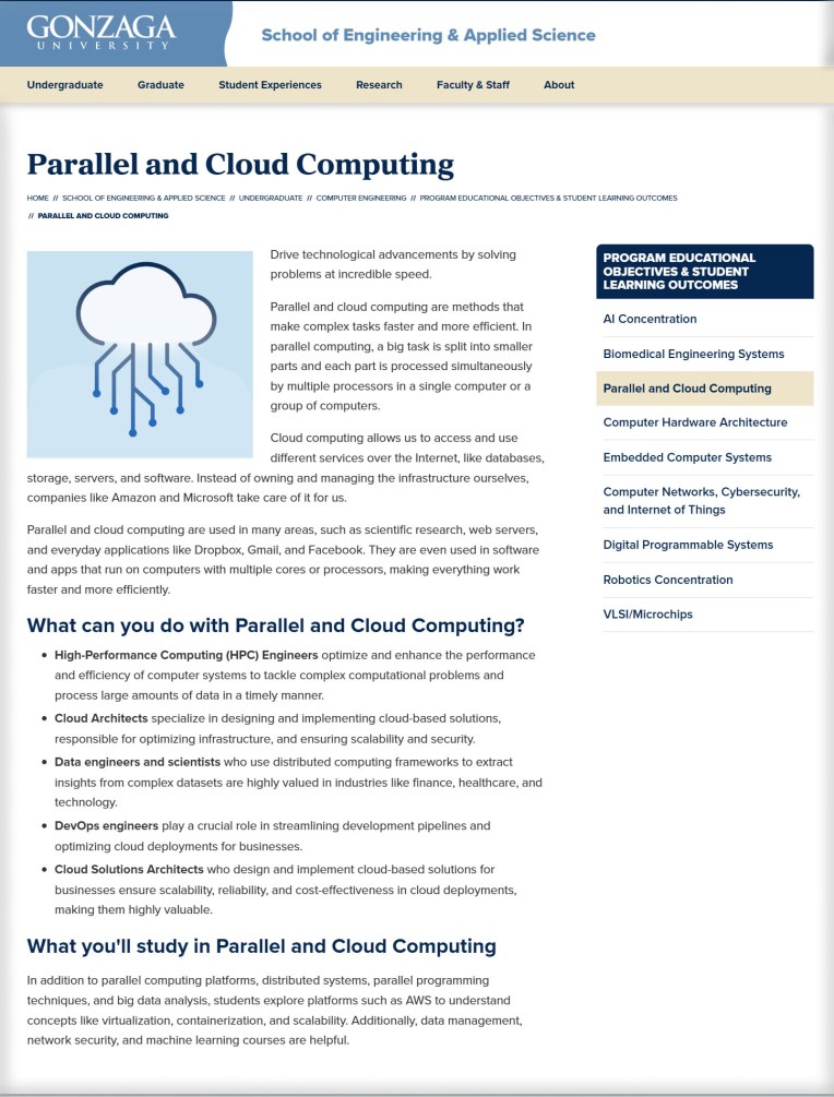 screenshot of web page titled Parallel and Cloud Computing