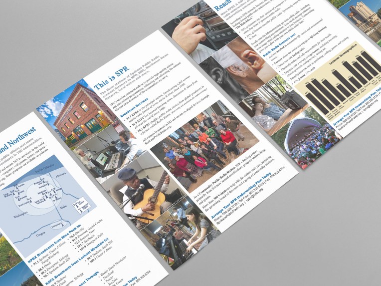 three sheets of paper laid side by side on a gray background with color images of public radio